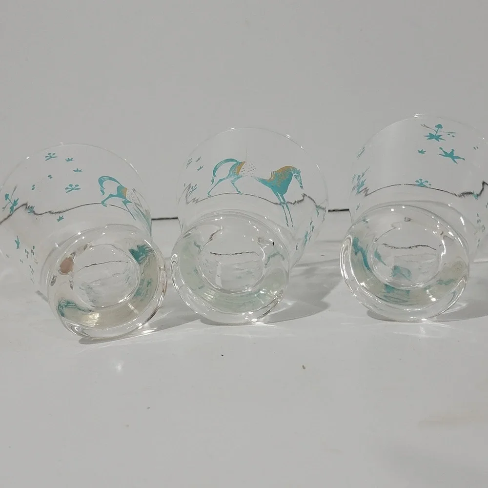 Vintage Mid Century Turquoise Gold Horse Juice Glasses Set of 3 MCM Barware 3in